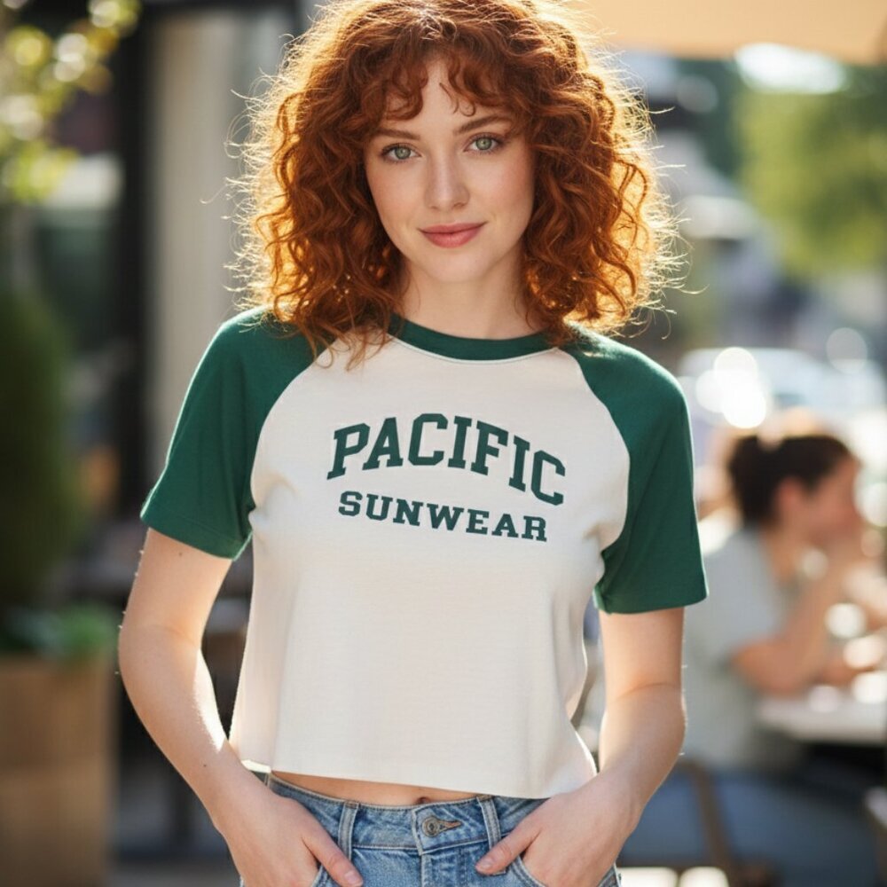 ⭐PacSun Green and White Pacific Sunwear Raglan Short Sleeve Crop Top Size Large⭐